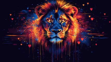 Fiery Lion Portrait, Digital Art, Dark Background, Love Theme, Wallpaper