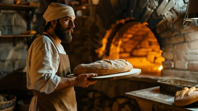 Baker holding freshly baked artisanal sourdough bread on wooden peel. Traditional baker with beard and white bandana preparing to place loaf in stone oven.