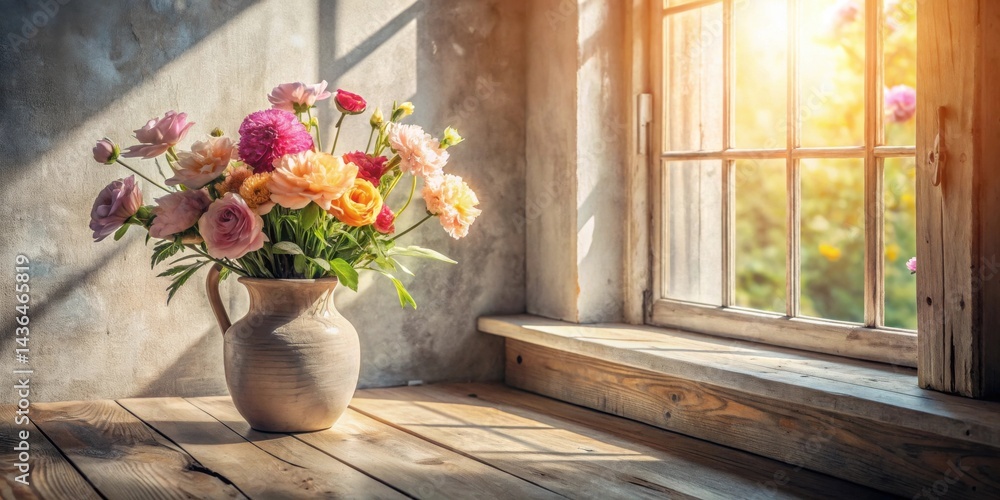 Poster sunlit rustic windowsill with vibrant spring bouquet in earthenware vase