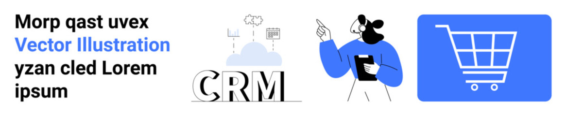 CRM acronym, cloud icon with data connections, person holding report, and shopping cart. Ideal for marketing, analytics, data storage, sales, automation e-commerce simple landing page