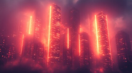 Neon Cityscape: A futuristic metropolis shrouded in mist, illuminated by vibrant, crimson neon lights. Tall skyscrapers pierce the twilight sky, creating a dramatic and atmospheric scene.