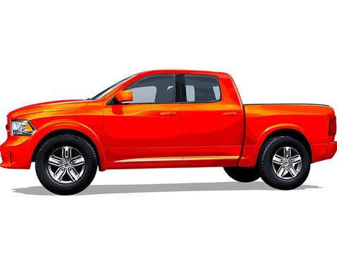 Sleek, orange four-door pickup truck, side view, isolated on white