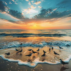 Obraz premium Beautiful group of birds at beach with sea wave and sunset view. Animals concept background.