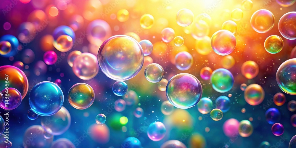 Aufkleber A vibrant display of iridescent bubbles floating in a radiant, colorful atmosphere, creating a whimsical and joyful scene.