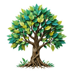 Lush Green Tree with Intertwined Roots and Vibrant Leaves Nature's Beauty in Artistic Detail