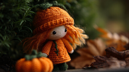 Naklejka premium Handmade crochet doll with a pumpkin for autumn decor
