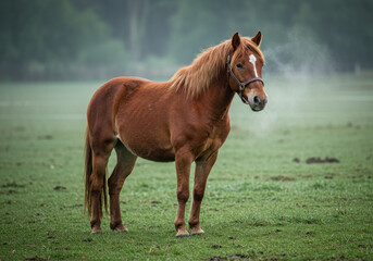 Fototapeta premium Brown horse standing in a foggy field, exuding a serene presence amidst the mist, blending with the muted background.