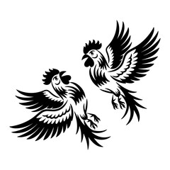 Obraz premium Two roosters fighting, vector black illustration.