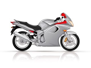 Sleek silver sportbike, red accents, reflective surface