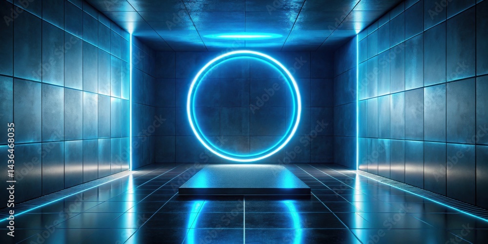 Poster Futuristic Room with Glowing Neon Circle and Platform Ideal for Product Display or Abstract Background