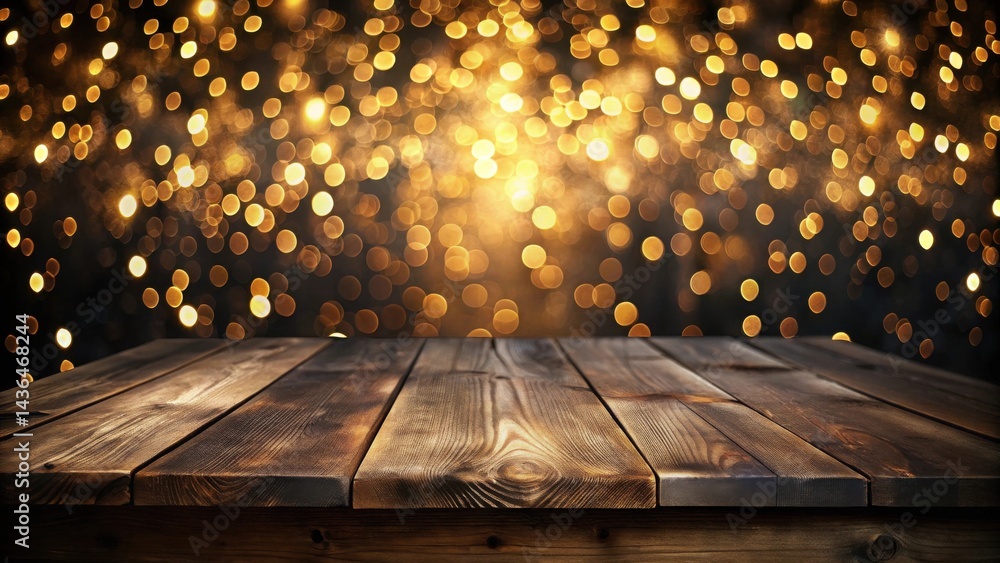 Poster rustic wooden tabletop with a golden bokeh background, ideal for product displays and festive design