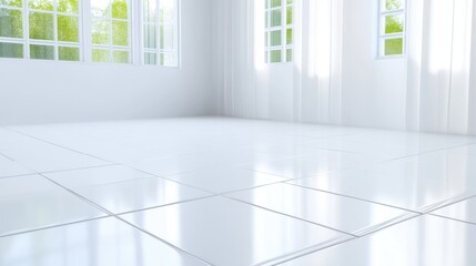 Fototapeta premium White Tile Floor Large Windows Minimalist Style High-gloss Finish Wide Angle View Reflective Surfaces Empty Room Sunlight Backdrop Bright Clean Tones Ideal for Real Estate Ads