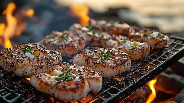 Grilled seafood, herb seasoned, open flame