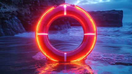 Neon Lifebuoy on a Mysterious Beach at Dusk