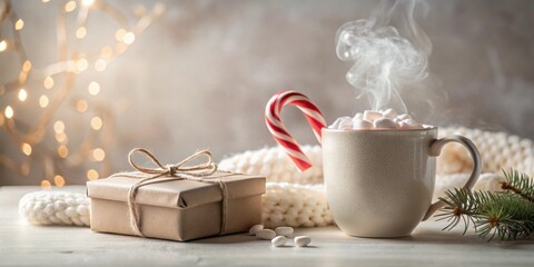 Cozy Winter Scene Warm Drink with Marshmallows, Candy Cane, Gift, and Festive Lights