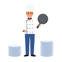 Chef Holding Pan Beside Plates Vector