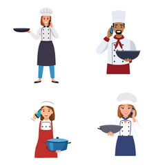 Chef Holding Pan Talking on Phone Vector Bundle Set