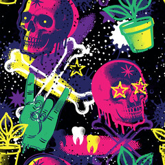 Seamless pop art pattern with colorful skulls, bones, stars, plants and rock hand sign on dark grunge background