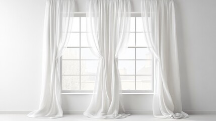 Elegant White Curtains Hanging on Pure White Background