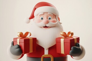 A 3D rendering of Santa Claus is presented holding a gift on an isolated background