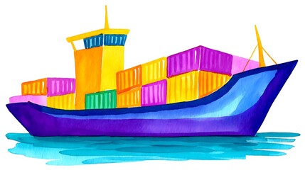 Colorful illustration of a cargo ship carrying colorful containers at sea