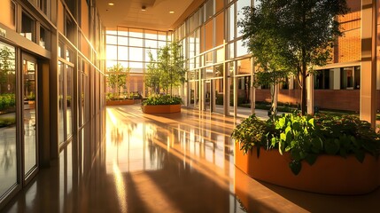 Fototapeta premium Modern Hallway with Large Glass Windows and Greenery in Building