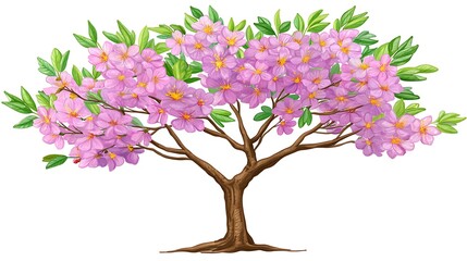 Obraz premium Pink flowering tree with lush foliage, isolated on white