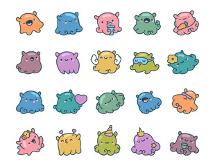 Charming octopus dumbo character set showing emotional moments with smiling faces, cute objects, funny accessories, magical items and cozy expressions for yours designs projects © palau83