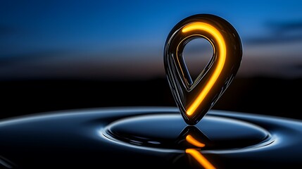 Glowing location marker reflected in water at dusk, symbolizing navigation and guidance