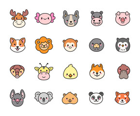 Animal face character set showing smiling heads of cute mammals, exotic creatures, birds and funny rodents with charming emotions for your creative projects