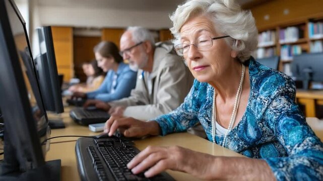 Embracing the Digital Age: Senior citizens master technology in a library setting, showcasing active learning and intergenerational connection.