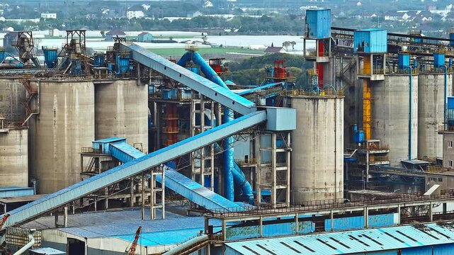 Aerial shot of a large cement production plant showing silos conveyors and industrial infrastructure.