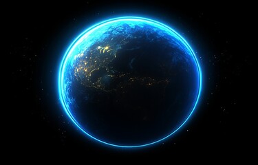 A radiant blue sphere is covered in a complex digital pattern of lines and dots set against a dark backdrop