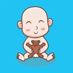 Cute baby playing with his doll. Smile pose baby, vector illustration.