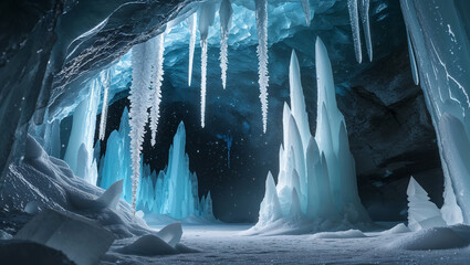 Snow cave full of stalactites and stalagmites formed of ice