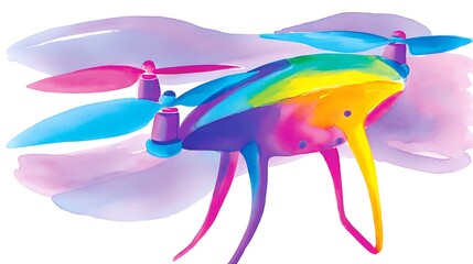 Obraz premium A vibrant, watercolor-style illustration of a colorful drone in flight