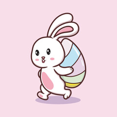 A cute cartoon vector of a bunny holding a large colorful Easter egg