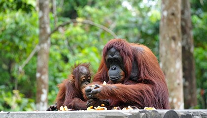 Naklejka premium Orangutan with her cub