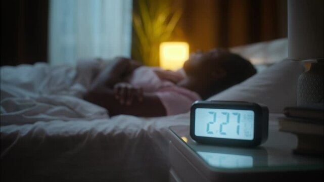 Unhappy sleeping napping African American woman female girl turning side sleepless can't sleep insomnia health disorder discomfort awake problem lying down uncomfortable bed at home bedroom dark night