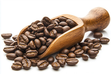 Roasted coffee beans on wooden spoon isolate din white background.  Scoop of coffee bean. Raw coffee bean in  wooden spoon 
