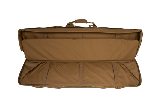 Open tactical rifle case in brown color with inner straps and compartments, isolated on transparent background...