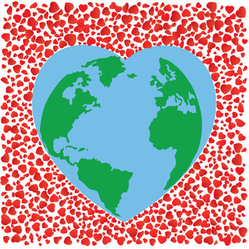 The love heart with a globe inside. A world map with a love hearts all around. Vector illustration.