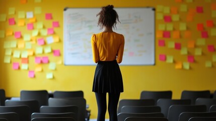 Woman in Yellow Shirt Planning, Brainstorming Session with Sticky Notes on Yellow Wall
