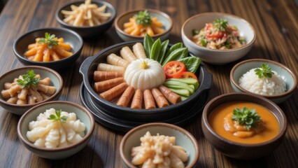 Korean Traditional Feast: Assorted Dishes with Rice, Vegetables, and Sausage, Served on Wooden Table