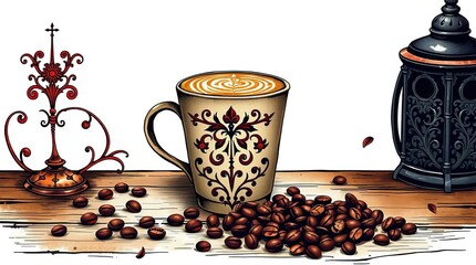 Aromatic coffee cup, coffee beans, and decorative accents on a rustic wooden surface