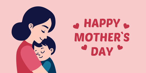 Flat style horizontal illustration of a loving mother embracing her child with 