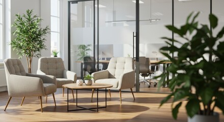 Fototapeta premium Bright, modern office interior featuring comfortable seating, houseplants, and a minimalist coffee table, creating a serene and inviting atmosphere for collaboration