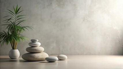 Serene Minimalist Interior Design Featuring Balanced Stones and Lush Potted Plant Against a Textured Wall