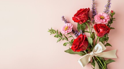 Obraz premium Specialty diagonal arrangement of red roses, pastel pink zinnias, and lavender sprigs tied with a delicate satin bow, isolated on a soft rose-pink background with ample negative space.