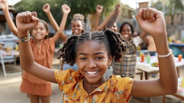 Celebration of Joyful Achievement : A group of delighted children raise their arms in a symbol of triumph, embodying the spirit of success and happiness.